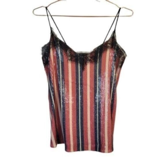 Zara Striped Sequin Lace Trim Tank Top Cami Red Blue Cream - Picture 2 of 8